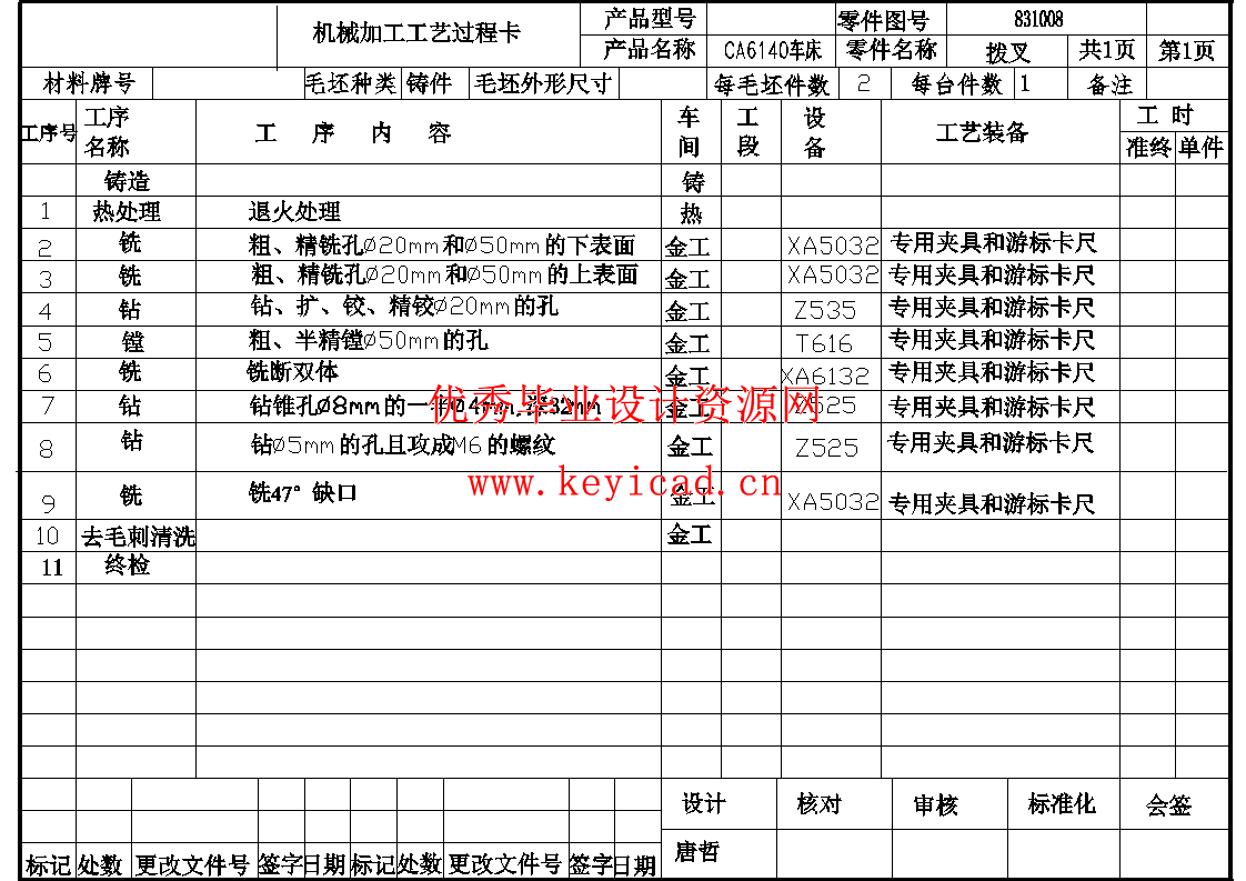 CA6140车床拨叉[831008] 加工工艺及镗Φ50孔的夹具设计（CAD+说明书）